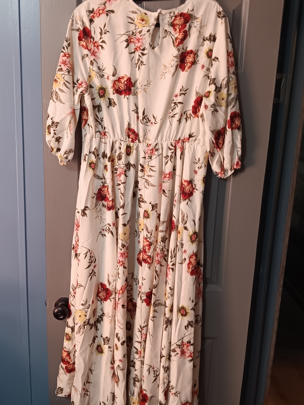 Women's Cream Floral Maxi Dress with Puff Sleeves - Picture 4 of 8